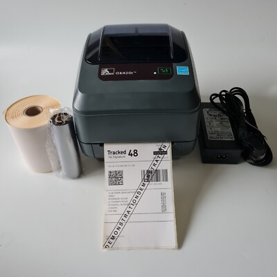 Zebra GK420t Thermotransfer-Etikettendrucker mit Flachband-Etiketten Netzteil USB-Kabel 727