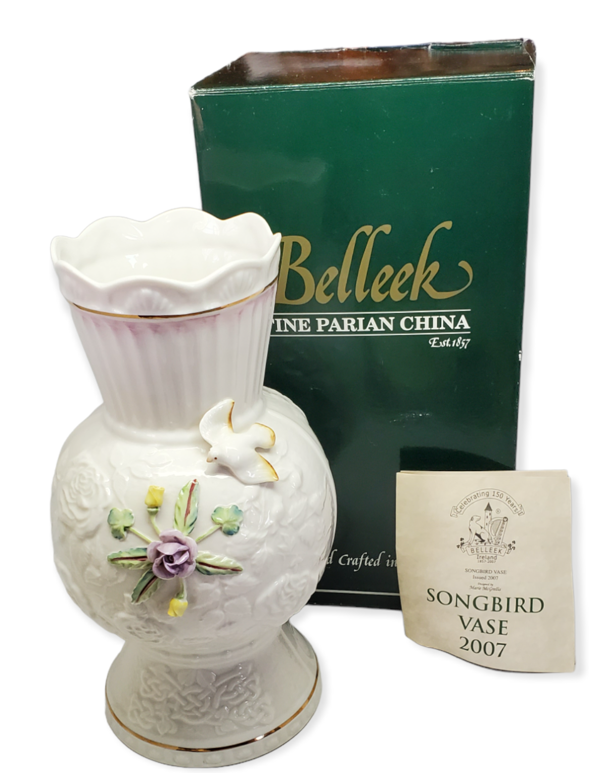 Belleek Songbird Vase Issued 2007 150 Year Celebration with Box & COA