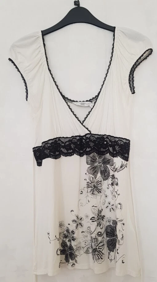 OFF WHITE T shirt top New Look taglia 12 bianco sporco nero pizzo nero piccole paillettes glitter