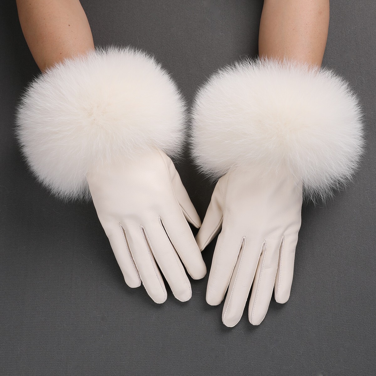 Luxury Winter Set - Lambskin Leather Gloves with Fox Fur Cuffs & Knitted Beanie Women Genuine Lambskin Leather Gloves With Real Fox Fur Trim  main image 4