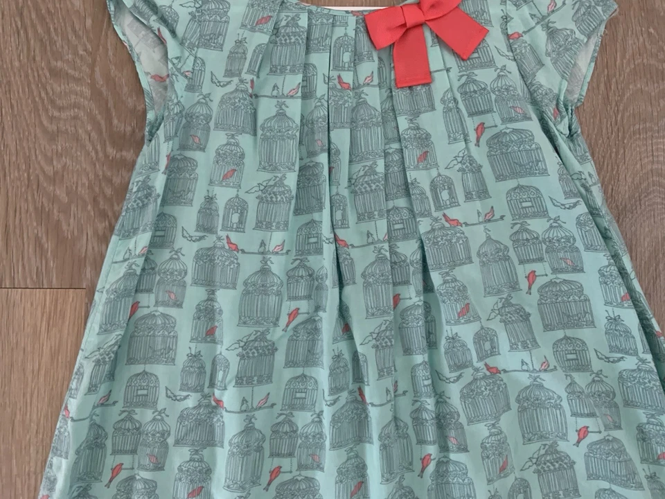 切诺基女孩尺寸 4T 完好绿色 100% 人造丝连衣裙带鸟笼和粉红色蝴蝶结 — 第 3/4 张图片