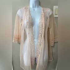 Vintage Frederick  s of Hollywood Sheer Lace Robe  Blush Pink Lingerie  Small