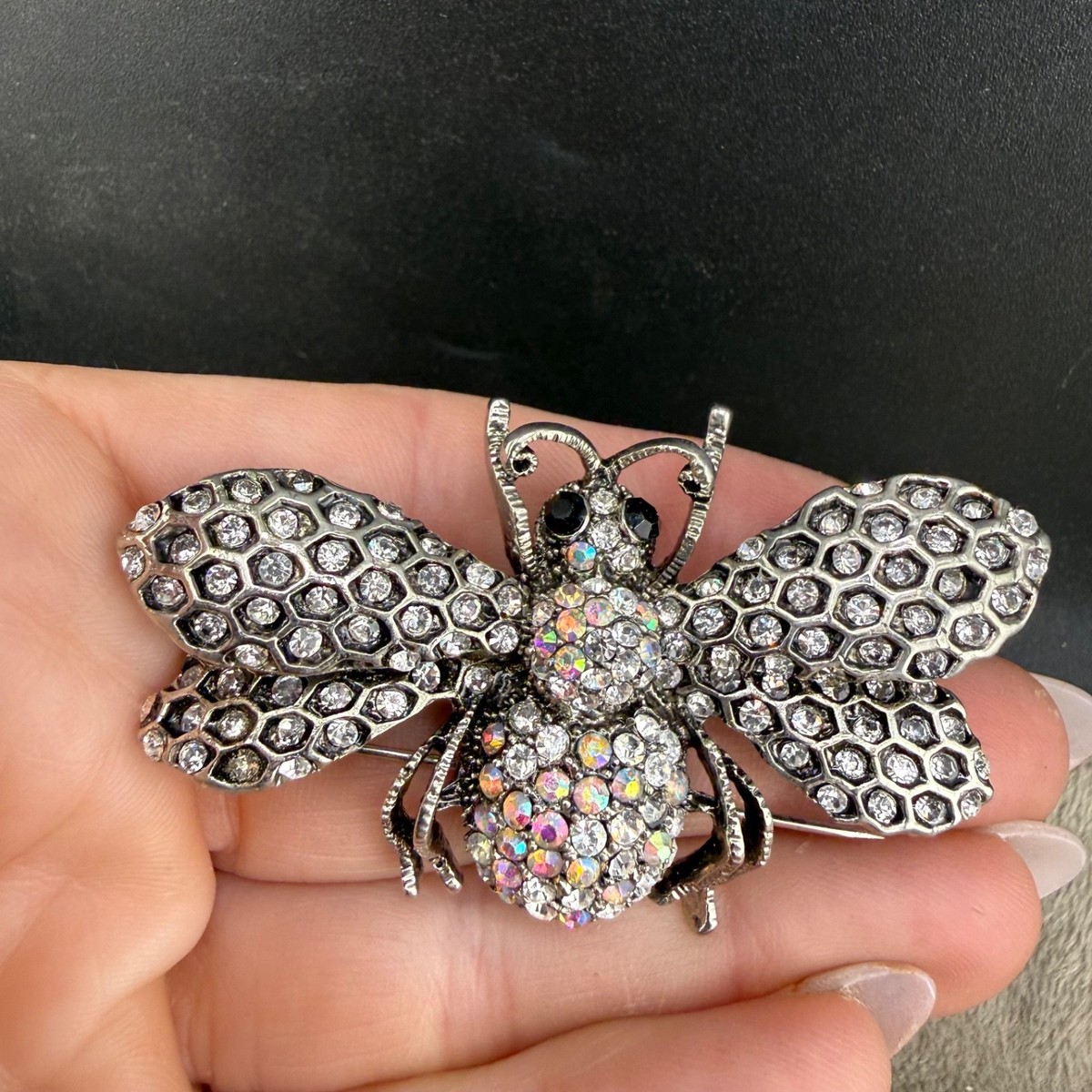 Cara NY Rhinestone Insect Brooch Silver Tone Pendant Bale View 2