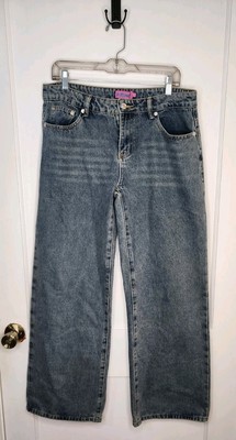 Size Large NWT Edikted Leopard Heart Pockets Wide Leg Jeans Blue Washed