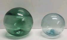 2 Vintage Glass Fishing Floats Japanese Authentic Blown Sea Green Aqua Blue Set