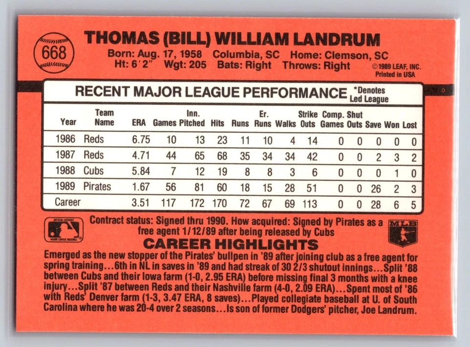 1990 Donruss #668 Bill Bandrum Pittsburgh Pirates MLB Baseball Card - Image 2 of 2