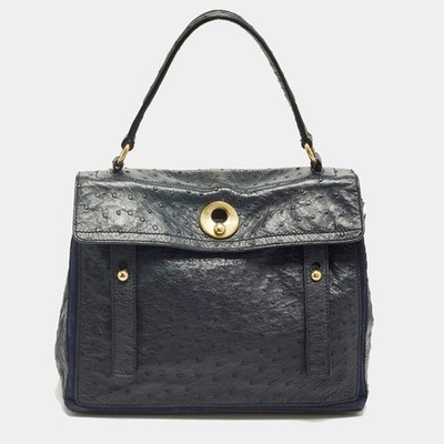 Yves Saint Laurent Muse Two Navy Blue Ostrich Leather and Suede