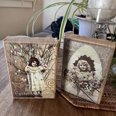 Vintage Style Happy Easter Greetings 5X7  Spring Table Wall Art Set of 2