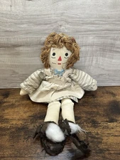 Handmade Raggedy Ann Doll 15” Primitive Design Fabrics Vintage DAMAGED-no Feet