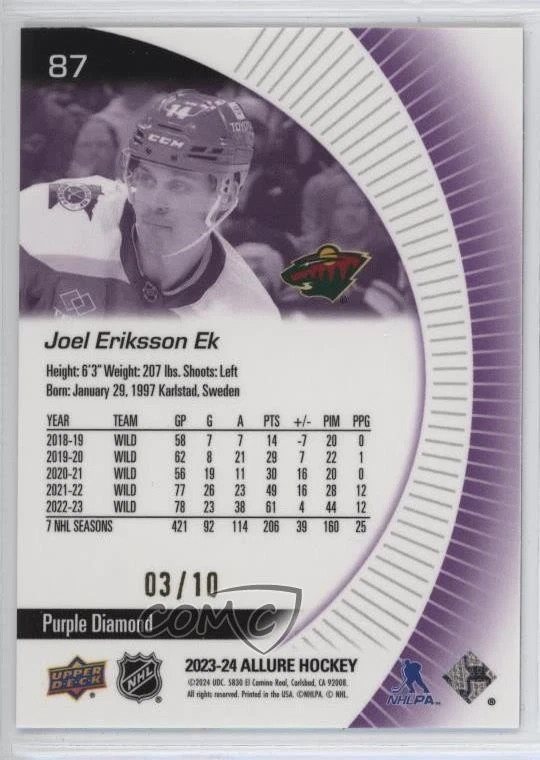 2023-24 Upper Deck Allure Purple Diamond /10 Joel Eriksson Ek #87 - Image 2 of 2