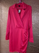 BNWT River Island Size 16 Red Satin Collared Wrap Style Long Sleeve Dress (223/v