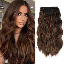 Clip In Synthetic Hair Extensions Wavy 20 Inch 6pcs Auburn Chestnut Thick Double
