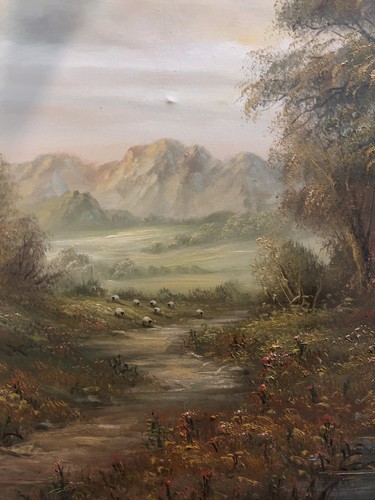 Original Signed Oil Painting, C. Wilder, Sheep Grazing by a Wildflower Stream (photo 6)