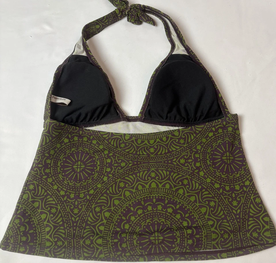 Traje de baño Tankini Perry Ellis 2 piezas verde púrpura talla M cuello halter parte inferior completa  Foto 3 de 4