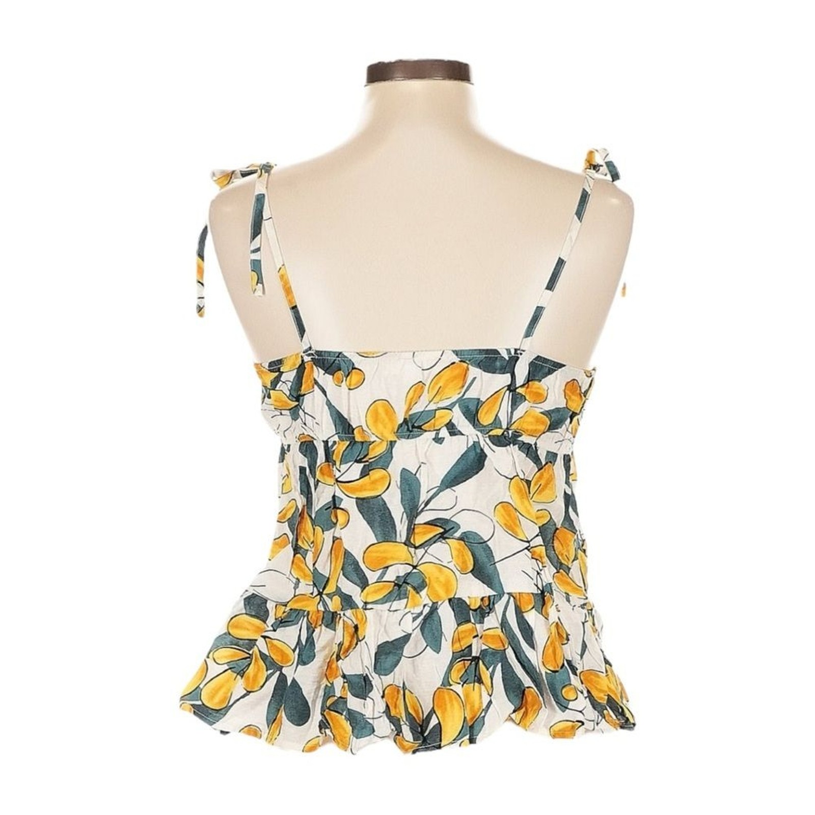 Boutique Tank Top Size L NWOT Yellow Botanical Print Tie Strap Peplum Hem