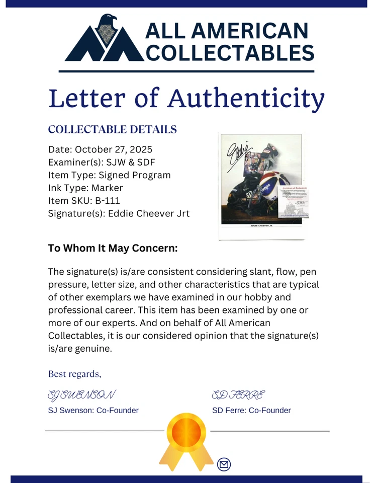 Eddie Cheever Jr Autographed Photo: COA Signed Indy 500 Race Car! Formula One F1 - Image 3 of 4