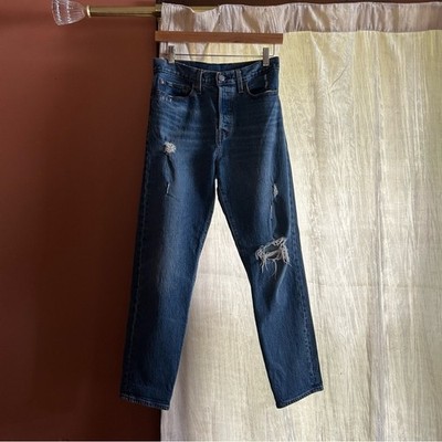 Levi's Premium Wedgie High Rise Jeans Distressed Ripped Knee Dark Denim Size 28