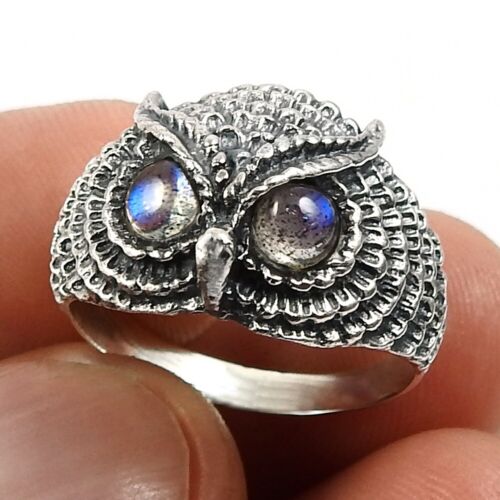 Natural Labradorite Gemstone Solitaire Owl Ring Size O 925 Silver For Women X73 - Picture 1 of 7