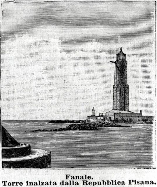 Livorno: Faro nel Porto. Stampa Antica + Passepartout. 1887