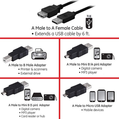 GE Universal USB 2.0 Adapter Kit, 6ft. A Male to A Female Extension Cable - Picture 2 of 5