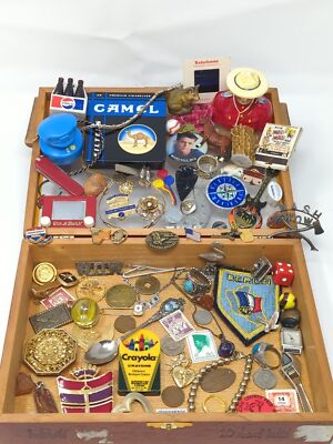 Vintage Junk Drawer Lot Collectibles odds & ends Jewelry stamps coins pins