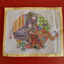 Vintage Elephant Colorful Patchwork Hand Painted Needlepoint Canvas Unworked