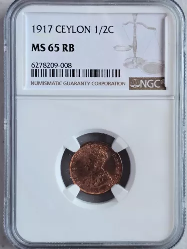 Ceylon 1/2 Cent 1917 NGC MS 65 RB