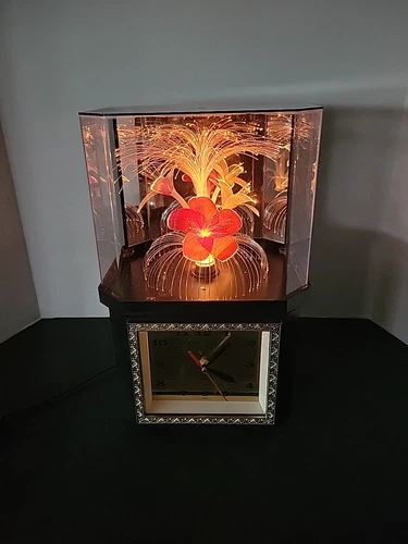 Vtg Fiber Optic Rotating Flower Clock Lamp 14.5'' 80s Lighted Music Box.  VIDEO