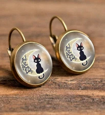❤ Black Cat Earrings - Round Antique Bronze / Cosplay / Fantasy / Goth / Punk 