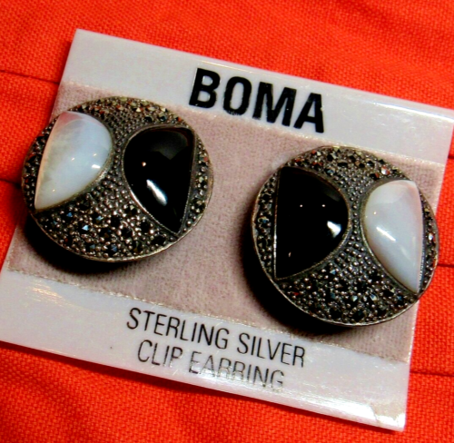Signed BOMA Sterling 925 Silver Marcasite MOP Black Onyx Clip On Earrings 18.7g