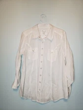 Style & Co Womens L Shirt Snap Front White Roll Tab Sleeve Western Semi Sheer