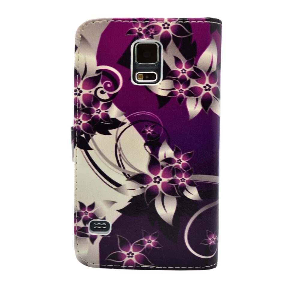 CASE FOR SAMSUNG GALAXY S5 MINI PURPLE CREAM FLOWER PRINT WALLET PU LEATHER - Image 3 of 4