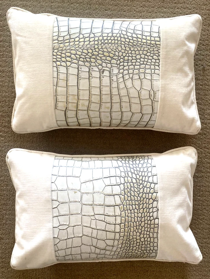 WILLIAMS SONOMA Ivory Leather Hide Velvet Set Of 2 Lumbar 14x22 Down Pillows USA - Image 2 of 4