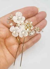 hair pins, Silk Floral Wedding flower Freshwater Pearl White chiffon flower 7667