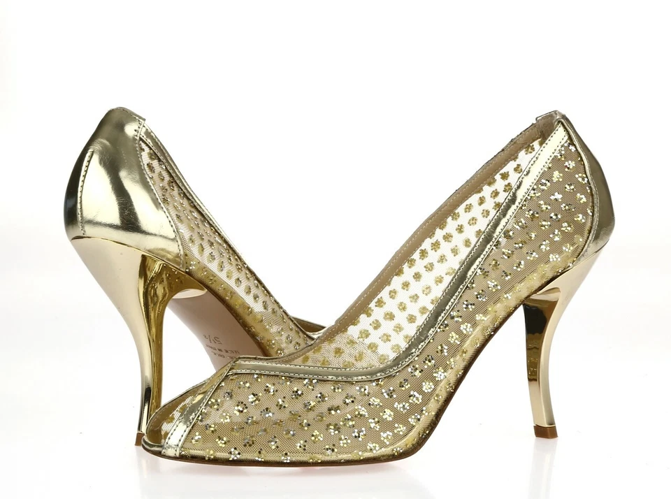 Delman Womens Glitter Gold Leather Mesh Peep Toe Pumps Heels Shoes Size 5.5 M - Image 2 of 4