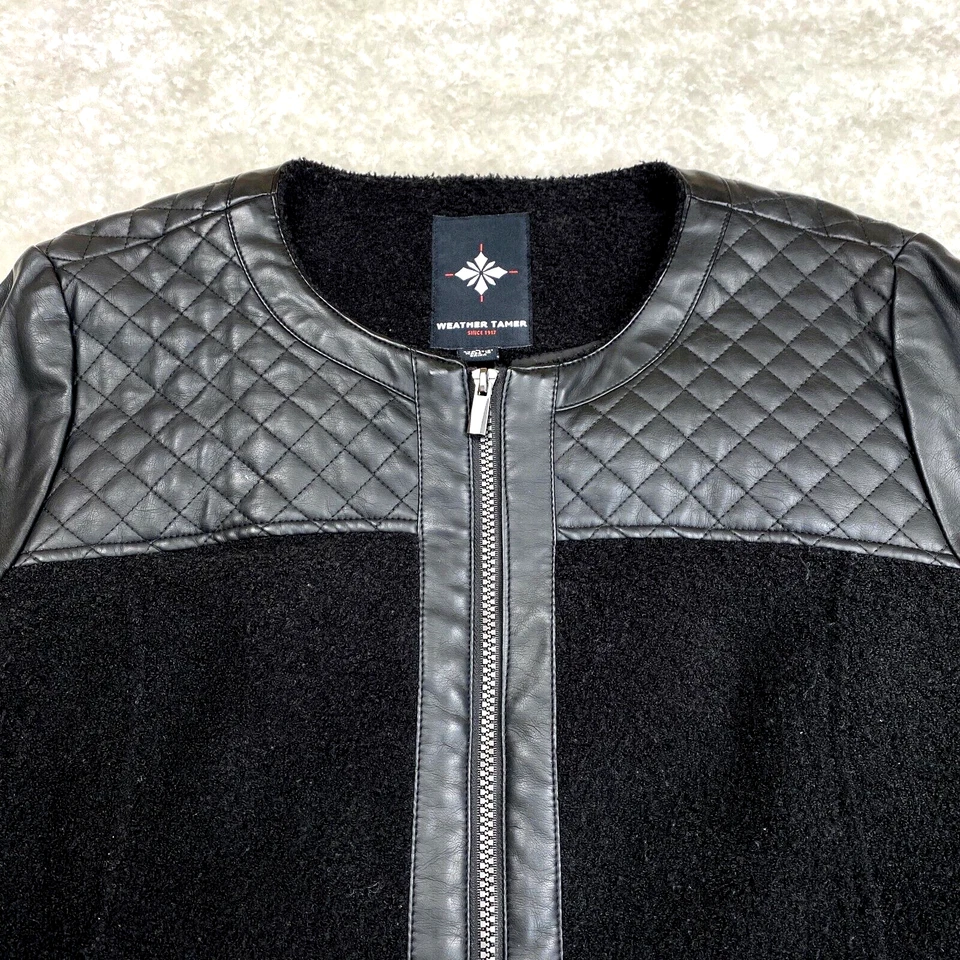 Weather Tamer Womens Jacket Sz L Black Gray Faux Leather Zip Long Sleeve - Image 2 of 4