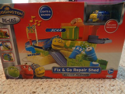 NIB CHUGGINGTON DIE-CAST FIX & GO REPAIR SHED ACTION PLAYSET WITH BREWSTER!