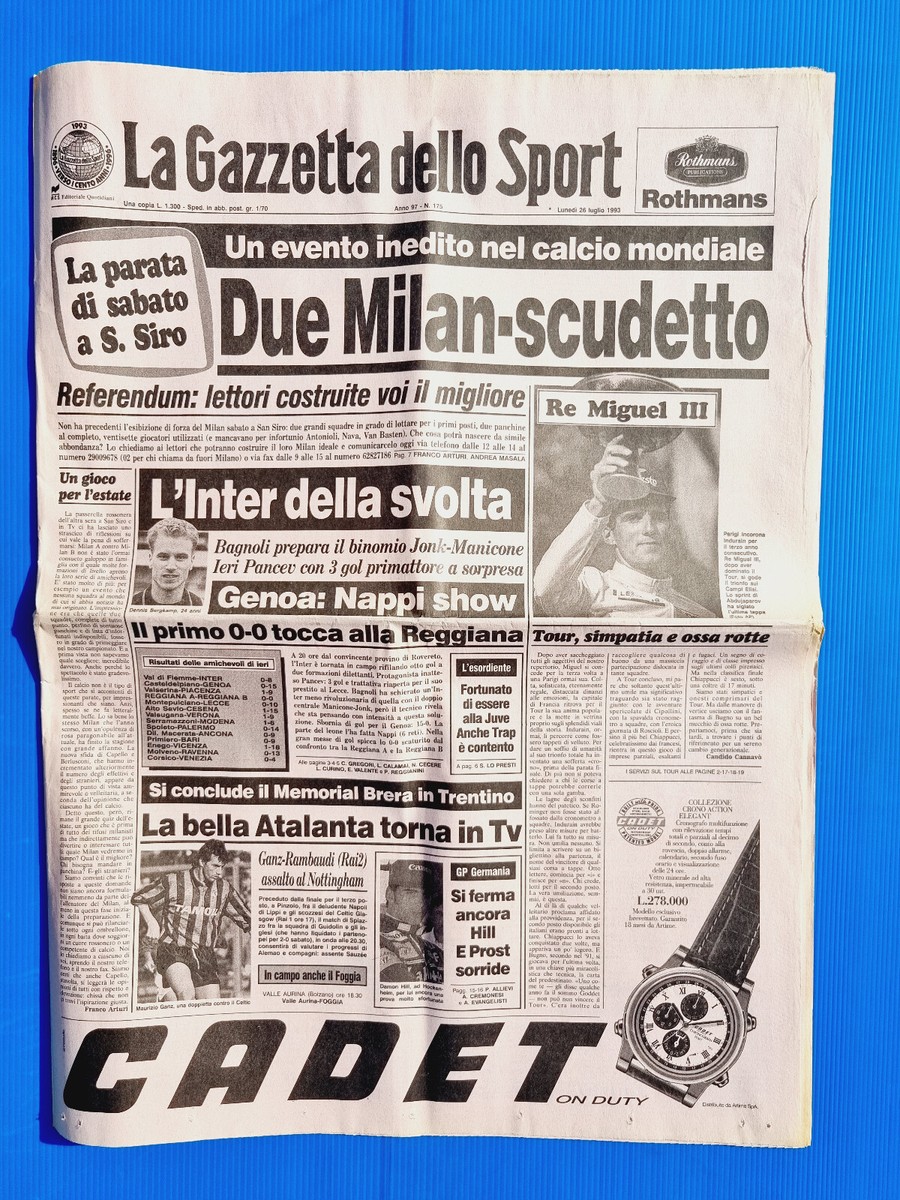 La Gazzetta Dello Sport – 27 Juillet 1993 – Inter, Indurain, Raducioiu – Édition Originale