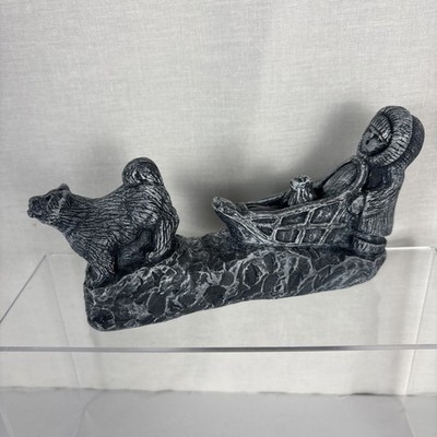 Inuit With Sled dog figurine vintage Glacial Ice Age Sculpture gray Alaska