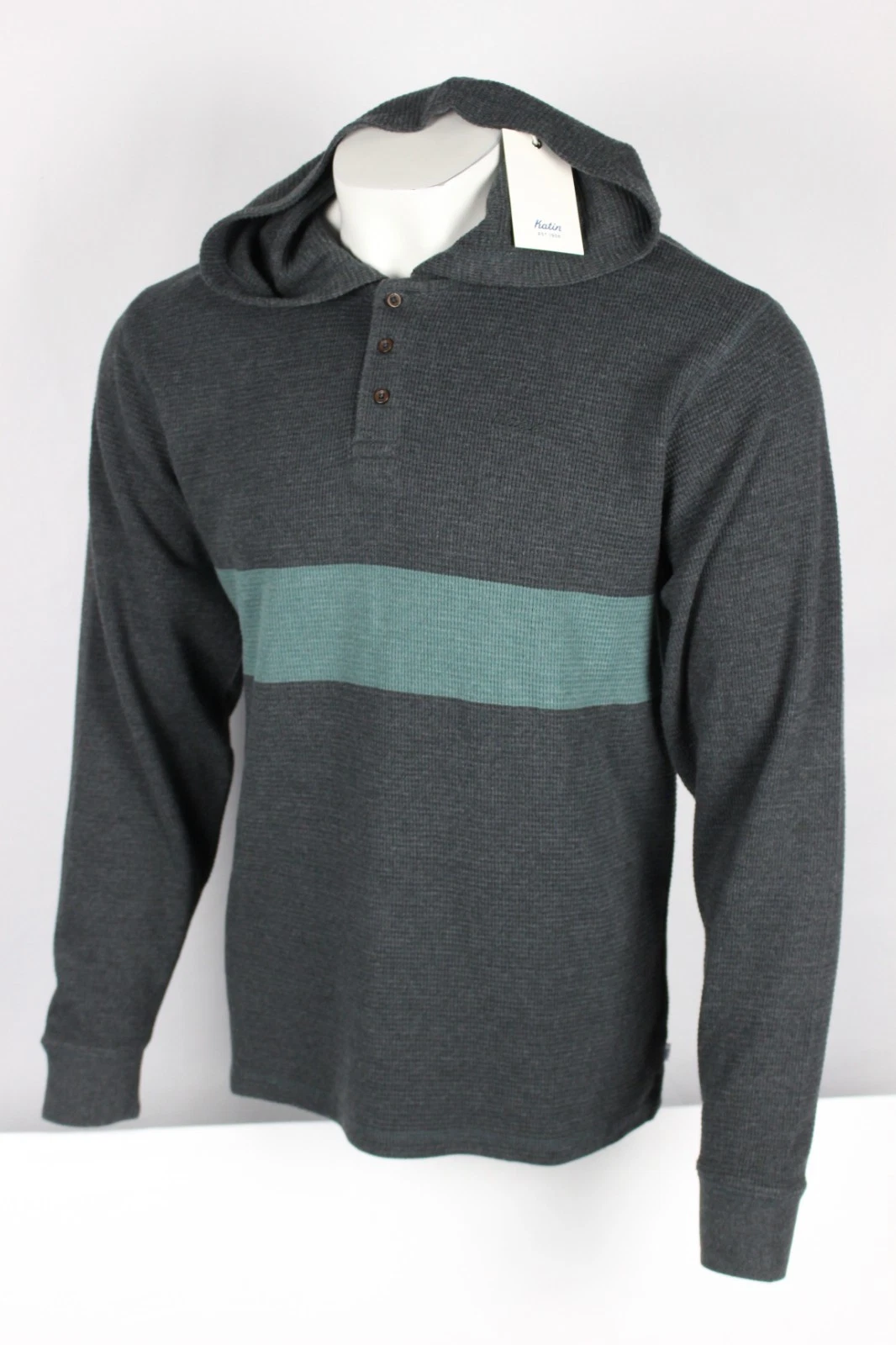 Katin Men's Horizon Thermal Henley Hoodie Long Sleeve Black Heather Embroidered