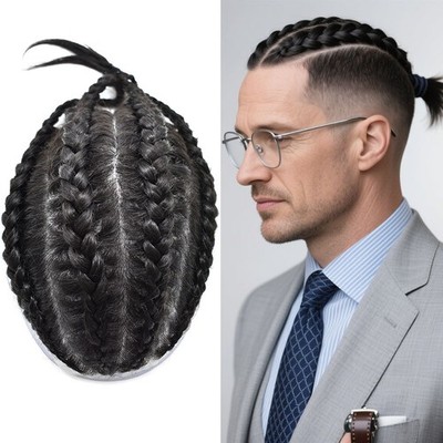 Cornrow Braids Mens Toupee Full Poly Box Braided Mens Hairpiece Male Braiding
