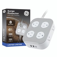 GE Surge Protector, 8 Grounded Outlets, 2 USB-A, 1 USB-C, 15W Shared, 1500J, 14A