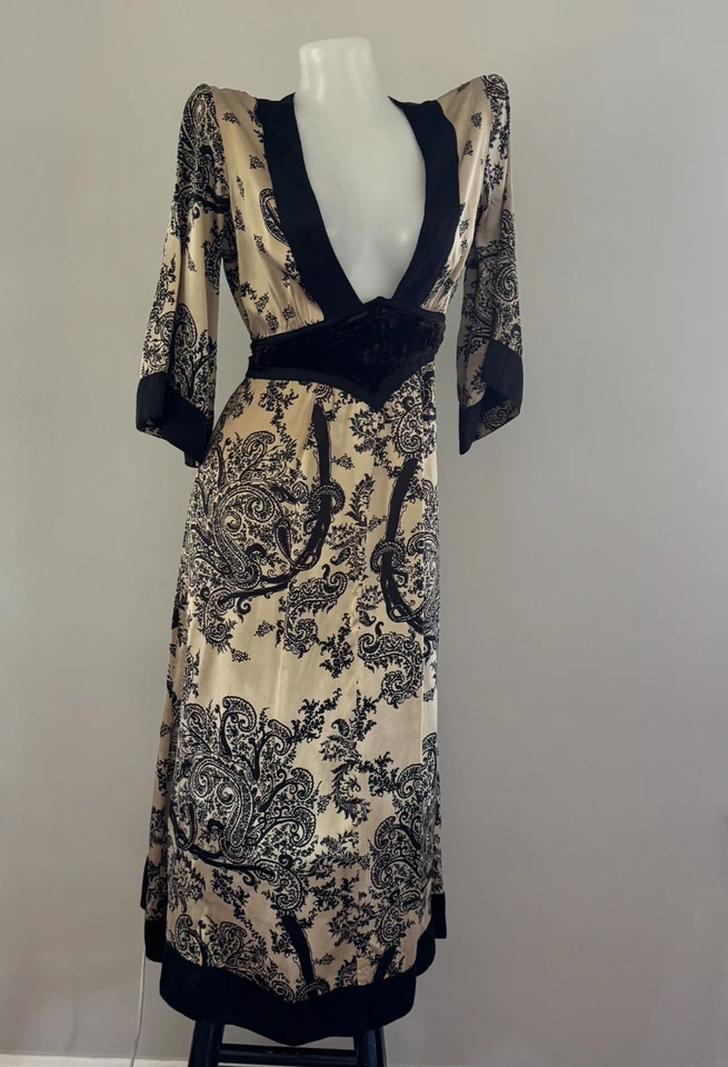 Y2K vtg CIGANA Gold Silk Paisley Print EMPIRE WAIST Dress Black OOAK Upcycled S - Image 2 of 4