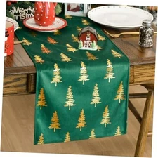  Christmas Tree Dutch Fleece Table Runner, Glitter 13" x 72" Dark Green