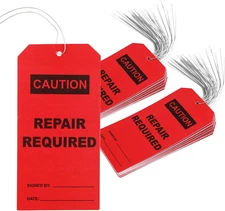 50pcs Repair Tags Wire, Red PVC Plastic Maintenance Required Labels Waterproof
