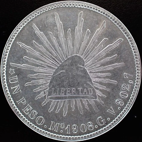 🔥 1908-Mo GV Mexico 1 Peso LIBERTAD .903 Ag NGC MS 61