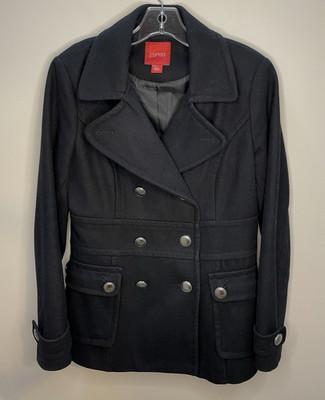 Vintage Y2K Esprit Women Medium Pea Coat Jacket Black Wool Blend Button Up Lined