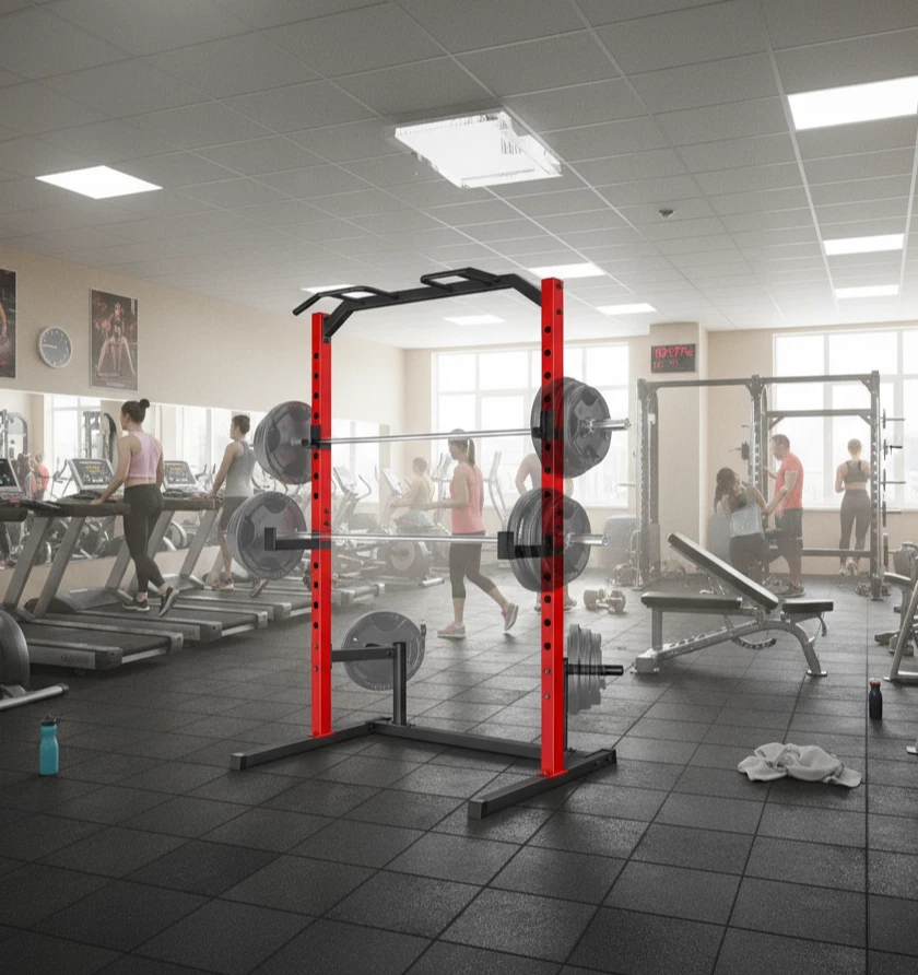 Estante de alimentación multifunción ajustable jaula eléctrica estante para sentadillas con barra de tracción y ganchos en J Foto 3 de 4