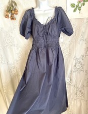 Blue Sweetheart Cotton Midi Dress Milkmaid NWT Sz M Puff Sleeve Doen Dupe