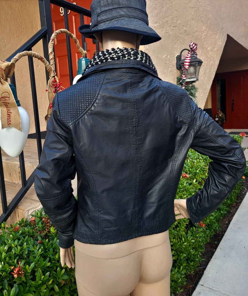 Doma Women Leather Cable Knit Collar Asymmetric Zip Up Black Jacket Size M - Image 4 of 4